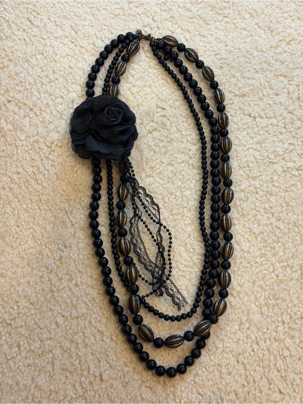 Black Multi-Strand Beaded Flower Necklace